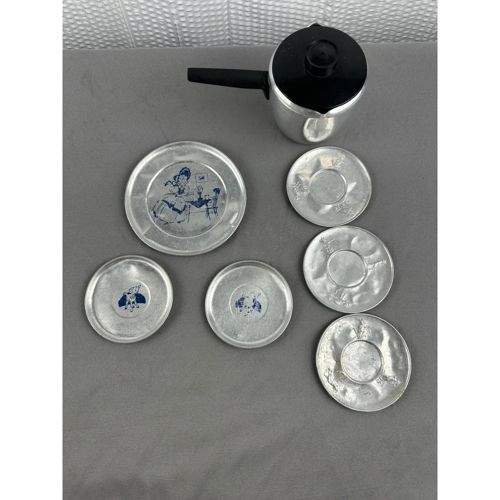 VTG Aluminum Childrens Tea Set Plates Litho Graphics Toy Dishes Coffee Pot Lot‎